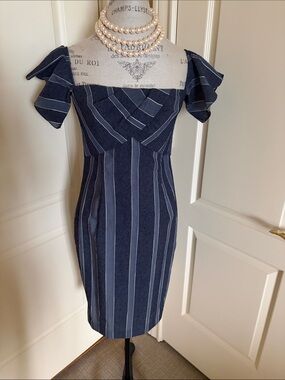 KIMORA LEE SIMMONS Striped off the Shoulder Navy Dress with Ruffle Sleeve